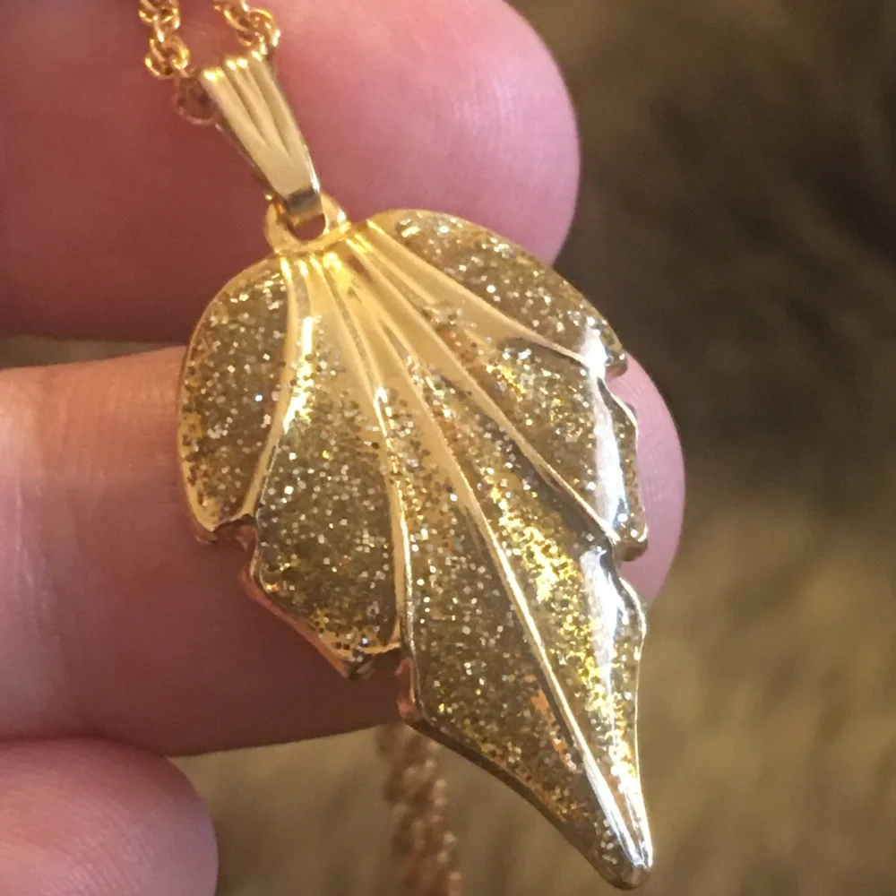 Sparkle enamel leaf pendant on gold chain necklace